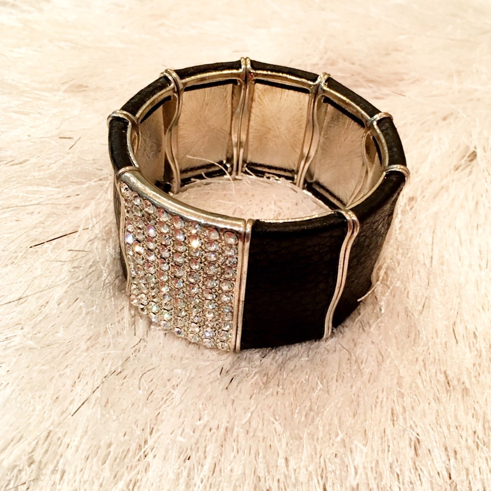Black leather style bracelet with crystals
